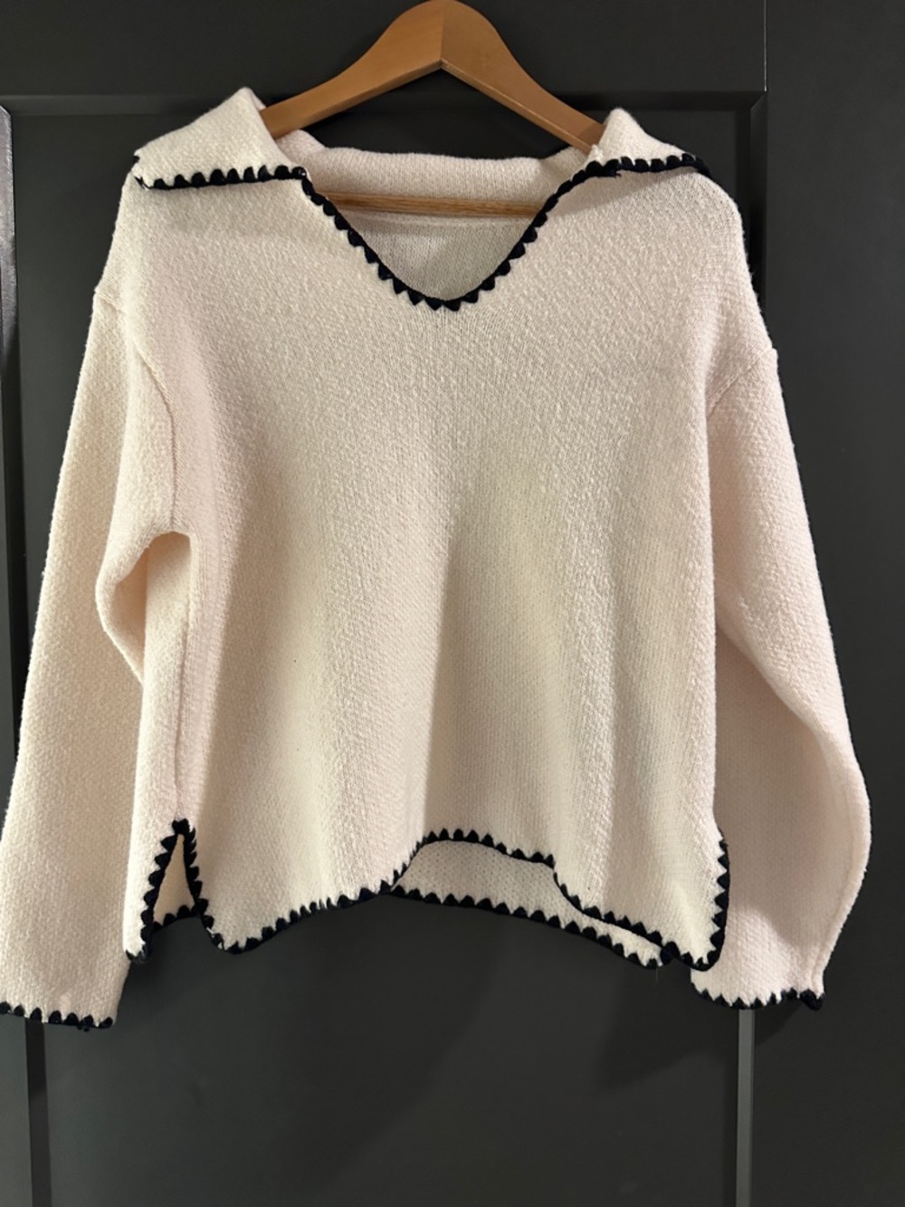 Cream V-Neck Textured Sweater with Black Trim
